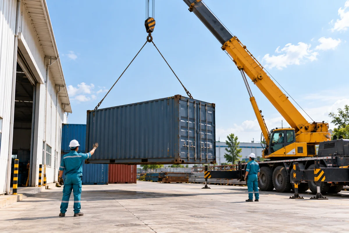 Cẩu hạ container tại kho
